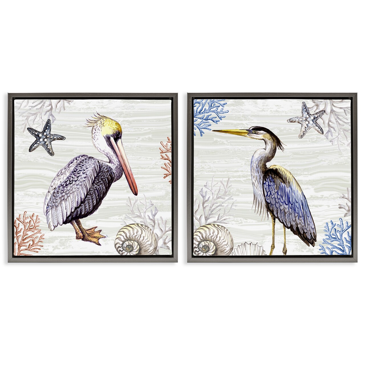 Stupell Industries Coastal Pelican & Heron 2 pc Framed Floater Canvas Wall Art Set Design by Elena Vladykina